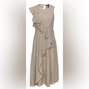 NWT BCBGMaxAzria - Cream & Navy Floral Polka Dot Ruffle Faux Wrap Dress M